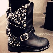 2016 new full genuine leather fashion boots women zipper rivets square heels autumn winter ankle boots sexy martin shoes woman