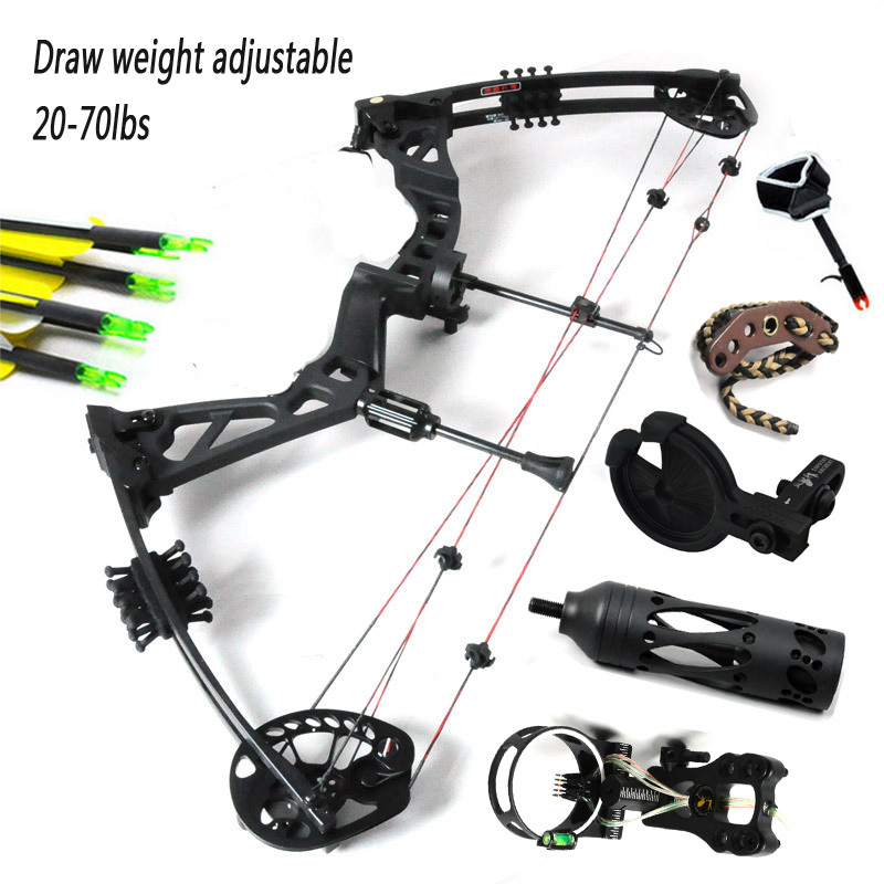 Black Right handed hunting compound bow and arrow set 5 pin opt sight release rest draw