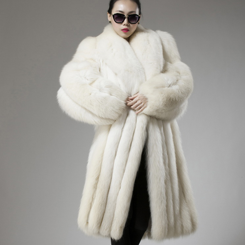 2015 Free Shipping Winter High Quality X Long Natural Genuine White Fox Fur Coat Womens Warm 