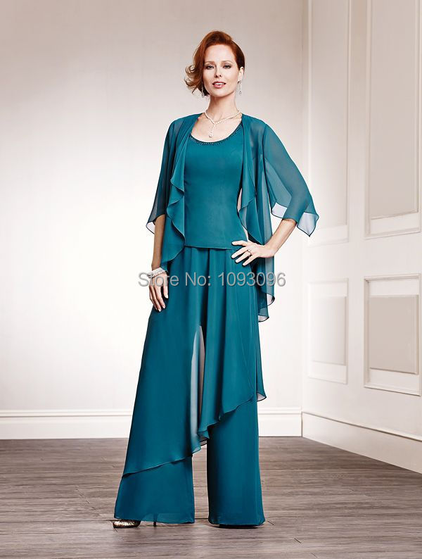 Designer 2015 Three Pieces Chiffon Plus Size Pant Suits Half Sleeve Jacket Mother Of The Bride