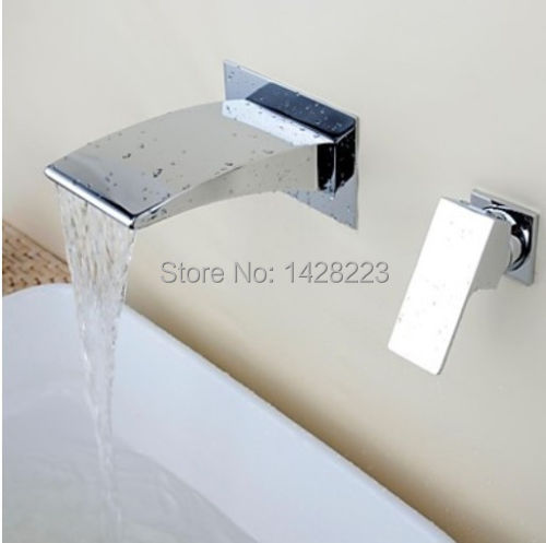 Фотография Bright Chrome Wall Mounted Two Holes Hot Cold Basin Faucet Single Handle Bathroom Waterfall Spout Mixer Taps