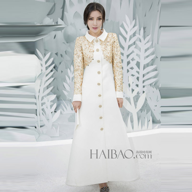 Brand Dress 2015 European Fashion Women's High Quality Turn-Down Collar Full Sleeve Ankle-Length Sequined  White Long Dress