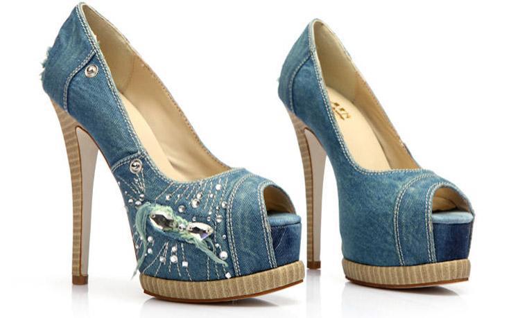 2014 Women Spring Summer High Heeled Shoes Fish Head Denim ...