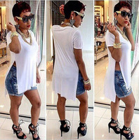 summer style t shirt women 2015 hot Irregular short in front long white top cropped harajuku ropa mujer punk shirt S M L XL T0