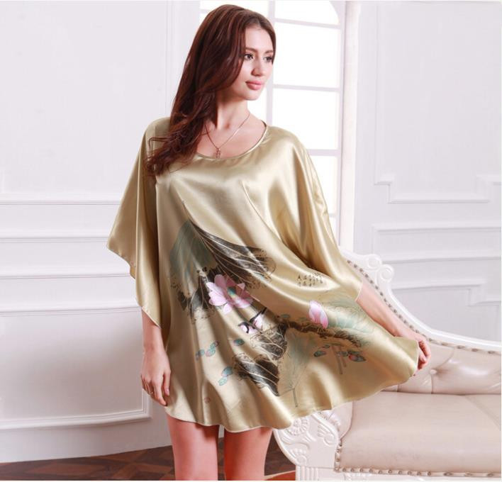 2015 Brand New Summer Pijama Feminino Sleepwear Womens Night Gowns And Robes Batwing Lotus Print Rayon Silk Nightgown Plus Size (2)