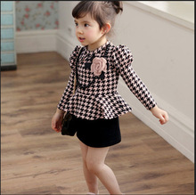 2016 Cute Kids Girls Long Sleeve One Piece Dress Houndstooth Necklace Flower Dress