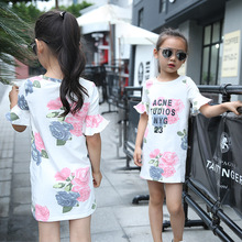 Big little girls t shirts tops dresses summer 2016 kids flowers printed mid dresses for girl party dress white kids clothes new