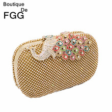 Women Luxury Gold Crystal Prom Evening Bags Metal Hard Multi Diamond Peacock Cover Wedding Party Clutch Purse Shoulder Handbag