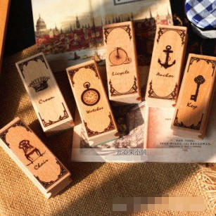 DIY Vintage Retro Wooden Stamp Old Ancient Camera Bicycle Crown Key Butterfly Stamps for Decor Scrapbooking