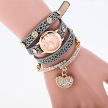 New Korean Fashion Girls Bracelet Watch Diamond Love Heart Retro Leather Wrist Watch Women Metal Bracelet