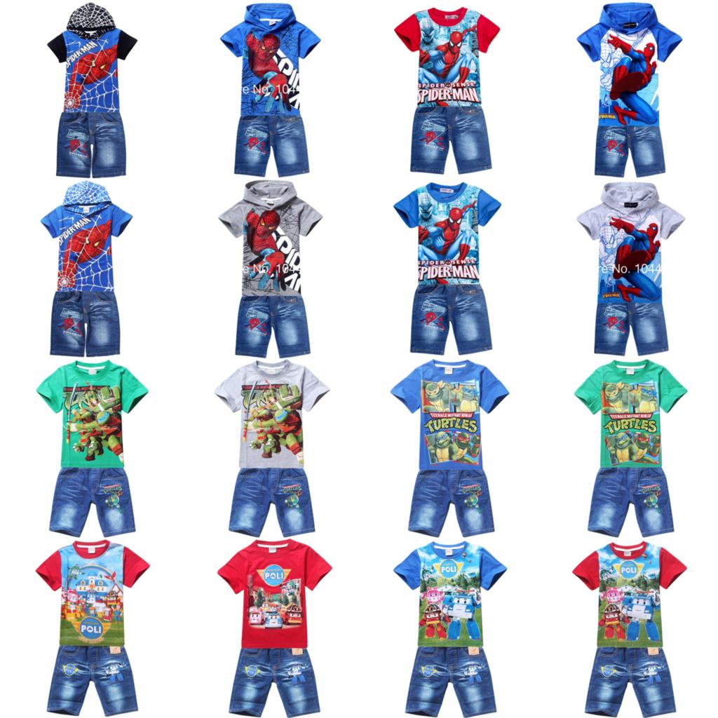 spiderman boys clothing set 2015 summer kids short sleeve tops tees t shirt denim jean clothes
