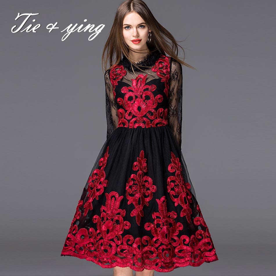 High quality vintage royal embroidery women midi dress 2016 spring new American and Europan fashion runway lace black dresses