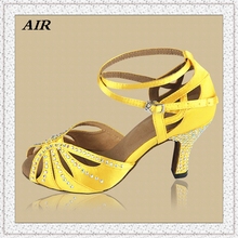 Customized Rhinestone Heels Peep Toe Satin Ballroom Latin Salsa Dance Shoes For Women Gold JYG881