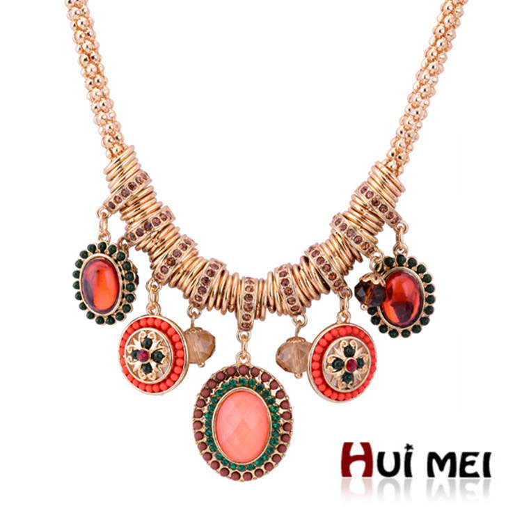 Fashion Gold Plated Charms Colorful Beaded Pendants Chunky Statement Chain Necklaces Ethnic Bijoux for Women Men