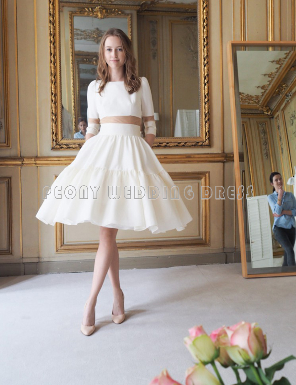 Knee Length Ivory Satin Wedding Dress