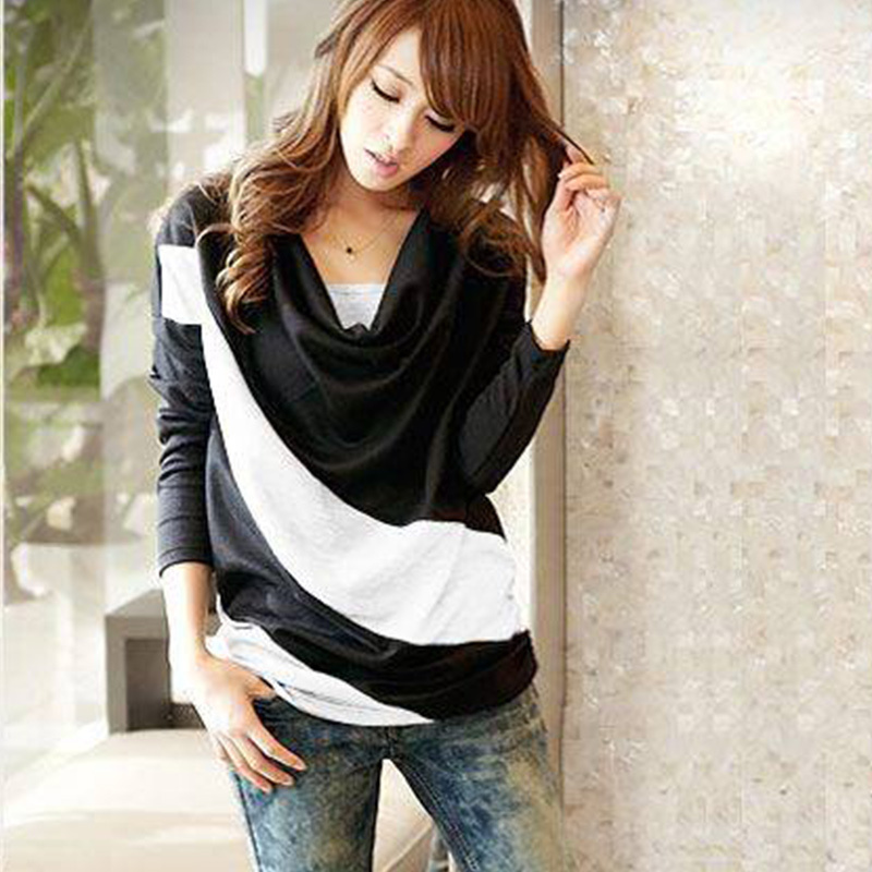Fashion Women 2015 Clothes Spring Bat Sleeve Stitching Long Sleeves T shirts Patchwork Stripe Casual Tops