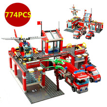 774pcs/set City Fire Station Truck Helicopter Firefighter Minifigure Building Blocks Bricks Toys Lego Compatible