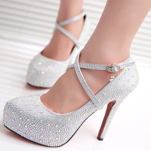 NEW 2015 Women High Heels Prom Wedding Shoes Lady Crystal Platforms Silver Glitter Rhinestone Bridal Shoes Thin Heel Party Pump