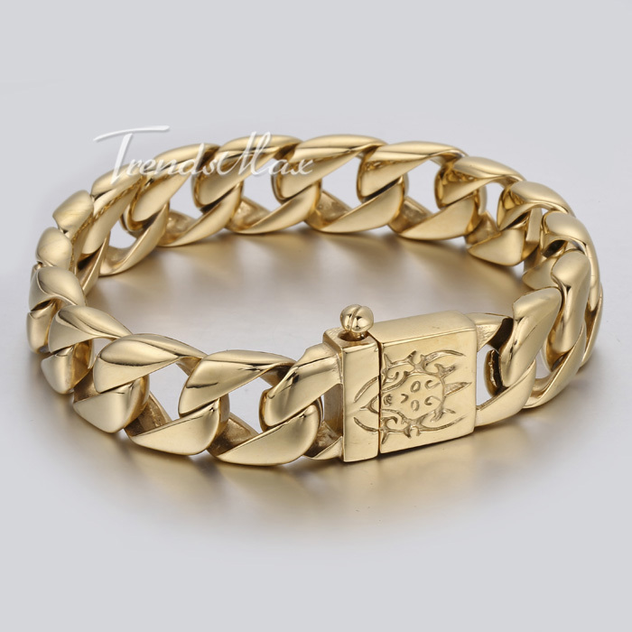 15mm Smooth Curb Link Gold Tone Men Chain Boy 316L Stainless Steel Bracelet Demon Clasp Customized