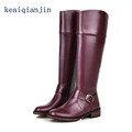 Leather Buckle Long Boots 2017 Party With Knee Boots Winter Thicken Womens Shoe Low heeled Plus