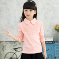 Girls Blouses Shirts New 2016 Fashion Solid Turn Down Lace Flower Blouses Children Girls Cotton Clothes