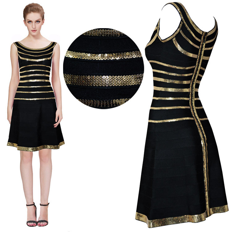 Black Color Ladies HL Bandage Dress Elegant Evening Party Dress A-Line Gold Beading Red Carpet Dress