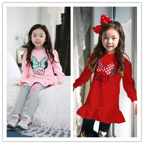 2pieces set 2015 Korean style new girls clothing sets long section minnie mouse t shirt