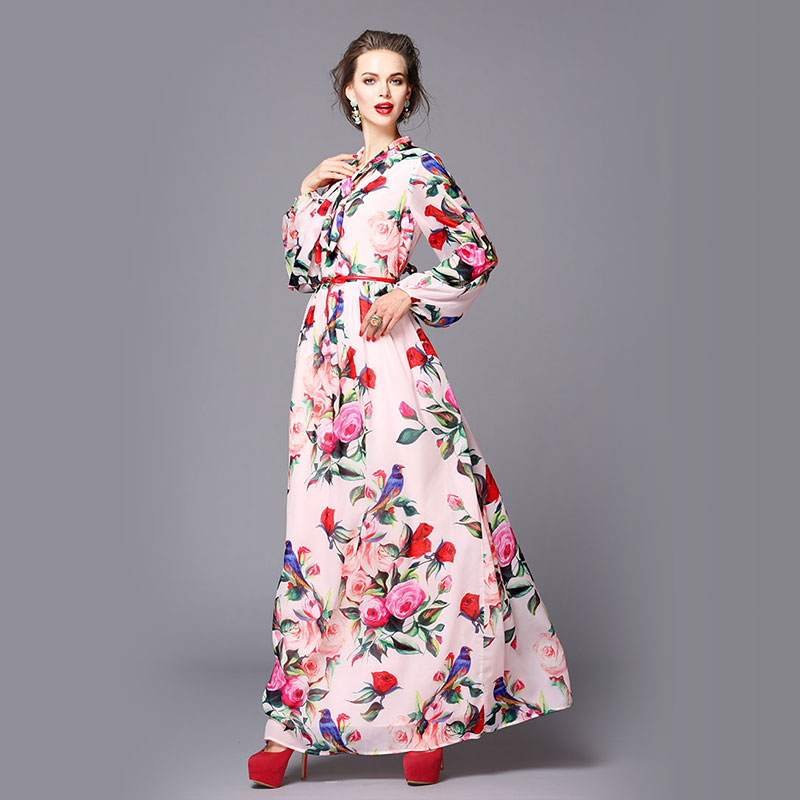 Fasicat 2016 Brand Runway Womens Floral Print Dress Long Sleeve O Neck Slim Waist A line Dress New Year Vestidos Femininos D5002
