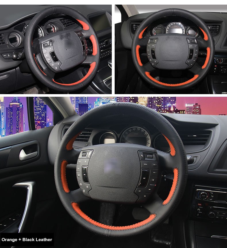 for Citroen C5 Black Orange Leather Steering Wheel Cover Black Thread