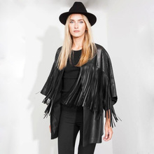 New Women’s Hollow Up Black Faux Leather Tassel Cardigan Mid Long Jacket Ladies Fringed Coats Casual Cape Outwear Blouse ZJ311