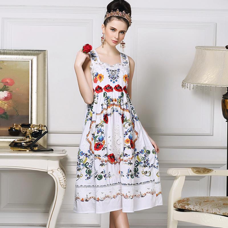 Spaghetti Strap Dress 2016 Summer Princess New Patchwork Print Fashion Knee-Length Embroidery Women White Dress