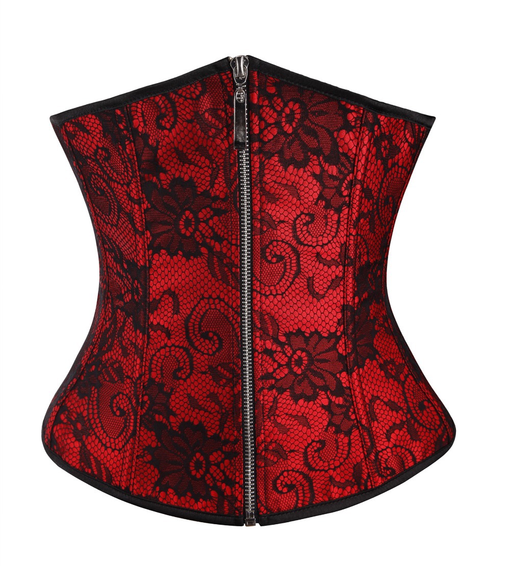 X Ladies Zip Front Waist Cincher Lace Up Bustier Top Corset Sexy Body Cincher Blacksilverred 3031