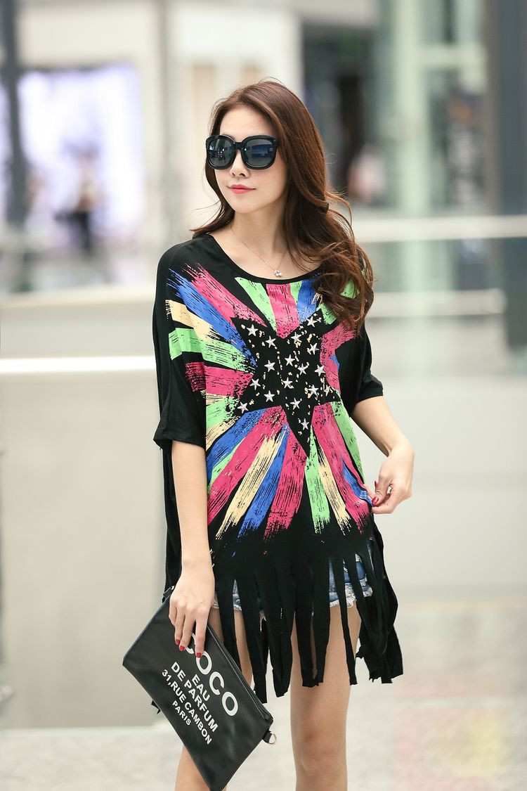 3 Summer Woman T Shirts 2015 Plus Size Star Printed Women Tops And Tees Black Color Half Batwing Sleeve Sexy Femme Tee Shirt