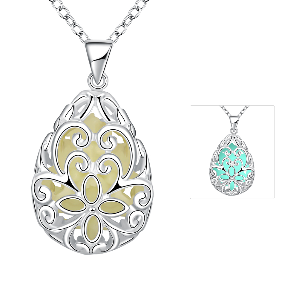 Lureme Silver Plated Jewelry Glow in the Dark Luminous Charm Teardrop Flower Pendant Necklace for font