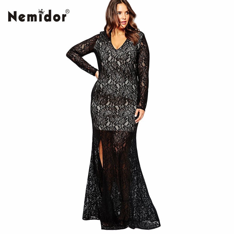 Autumn Winter Women V-neck Full Lace Vintage Big Plus Size 8XL Long Maxi Dress (4)