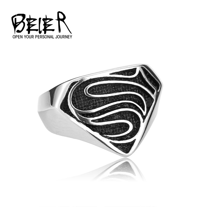 Cool Superman Logo S Ring 316L Stainless Steel Jewelry Gothic Jewelry for Man Black Silver Never