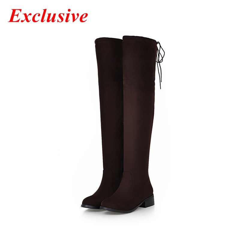 2015 Pointed Toe knee boots Winter Short plush Zip Low-heeled high boots Nubuck Leather Black Brown Woman Pointed Toe knee boots
