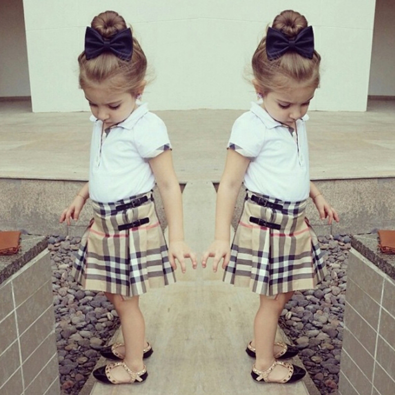 Girls Clothes Set European Kids Short Sleeve Lapel T shirt And Plaid font b Scotland b