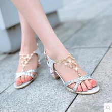 Lady sexy Buckle Strap Chain Crystal Glitter Open Peep toe big size(4-12)Thick high heeled Sandals women Pumps Ladies Shoes Gold