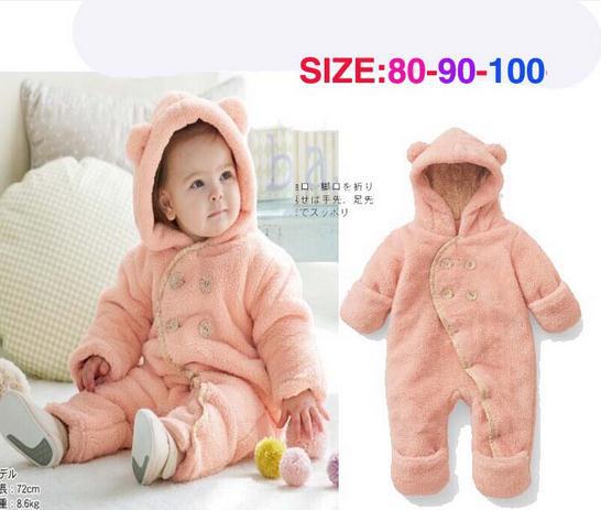 Winter baby girl rompers pink long sleeve thick hooded romper kids baby girl jumpsuit infant clothing baby girl clothes 3pcs/lot