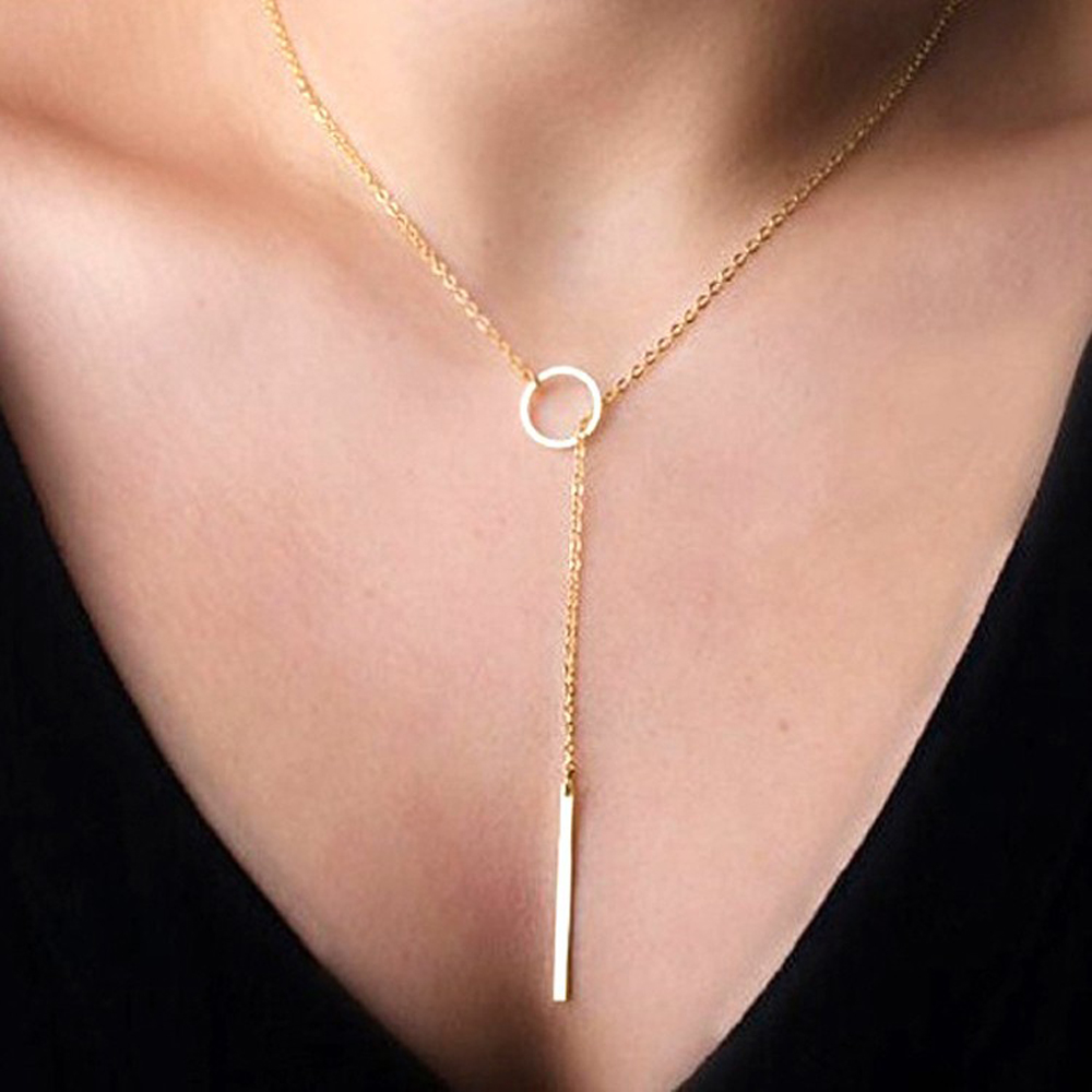Romantic woman hot fashion accessory gold plated metal chain necklace bar circle lasso long strip pendant