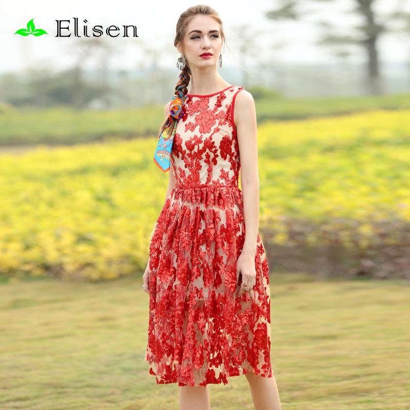 Elegant Dress New 2016 Summer European Brand Sleeveless Fashion Runway Luxury Mesh Women Slim Knee-Length Red / Silver Dress