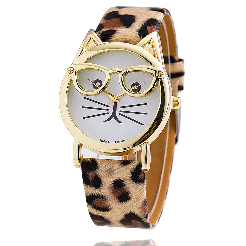 New Fashion Glasses Cat Watch Leather Strap Geneva Watch Women Wristwatch Dress Watches Quartz Watch