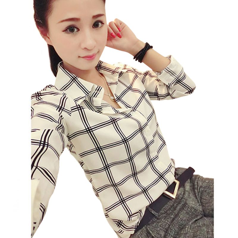 New Women s Chiffon Tops Long Sleeves Printed Check Shirts font b Plaid b font Shirts