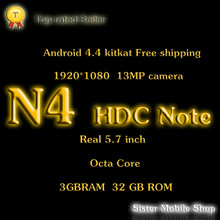 Free shipping DHL HDC screen 5.7 inch N4 Phone Quad core Octa core 3GB Ram 32GB ROM 13MP Note Phone Android 4.4.4 cell phone