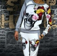 Elina\'s shop 2014 New women Harajuku 2pcs long sleeve Floral skull 3D print tracksuit sportwear hoody sweatshirt suit s m l