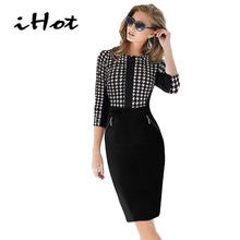 Women Formal Bodycon Dress Elegant Vintage 1/2 Sleeve Zipper tartan Sheath Party Casual Tunic Pencil Office Vestido robe crayon