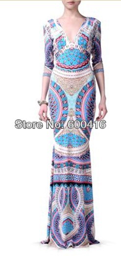 Free shipping Spring 2014 Stunning Printed 3/4 Sleeve Stretch Jersey V-neck   Max Dress  1211EP445C