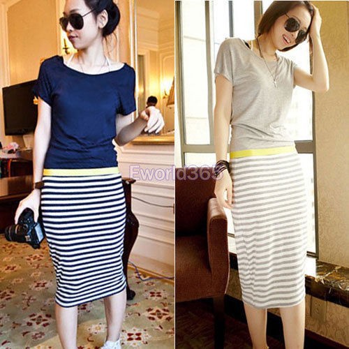 New-Style-Womens-Casual-Short-Sleeve-Cotton-Top-Striped-Bodycon-Pencil-Midi-Dress-2-Color-Plus