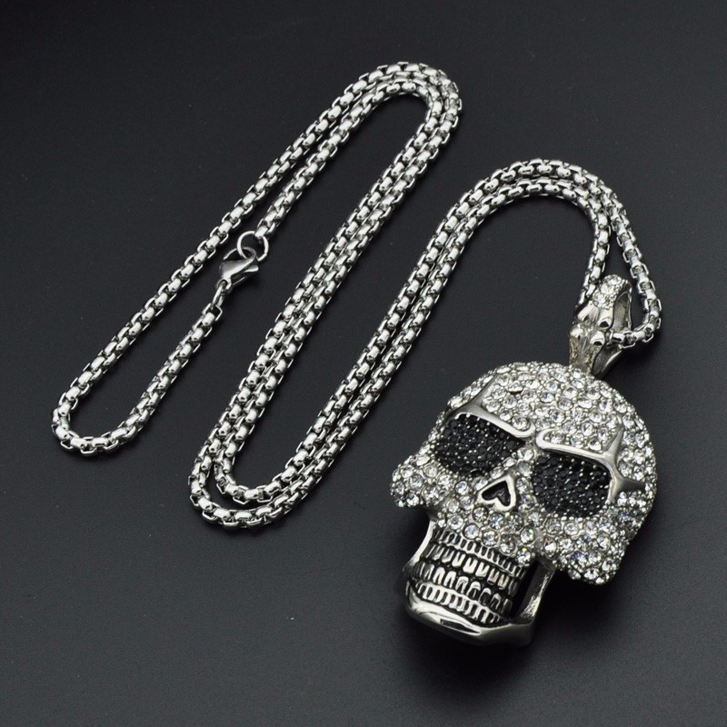 Titanium Stainless Steel Rhinestone Skeleton Skull Pendant Necklace